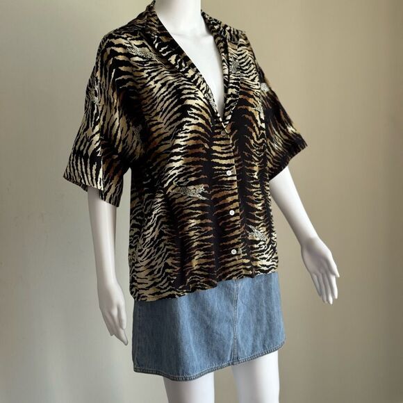 Vintage Animal Leopard Striped Button Up Short Sleeve Summer Top - Picture 2 of 7